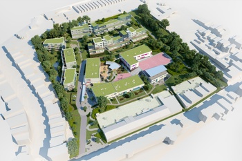 Een simulatiebeeld van de nieuwe HoP-school (Horticulteurs-Perruches) aan Donderberg in Laken zoals oorspronkelijk gepland in 2013