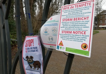 18 februari 2022: het Koning Boudewijnpark in Jette is, net als andere parken en bossen, gesloten omwille van de aangekondigde storm Eunice