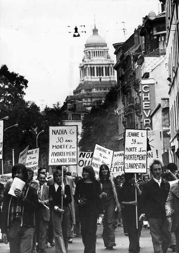 6 oktober 1973: betoging in Brussel voor het recht op abortus, met het justitiepaleis op de achtergrond