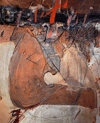 Matter body and orange stains (detail): Antoni Tàpies behandelde zijn schilderijen als ruwe muren