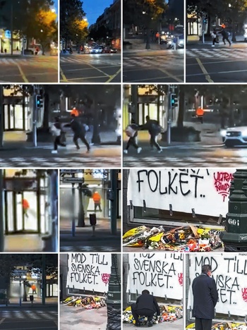 Stills uit opnames van omstaanders van de aanslag van Abdesalem Lassoued op twee Zweedse voetbalsupporters vlakbij het Saincteletteplein op 16 oktober 2023 en de herdenking de dag nadien