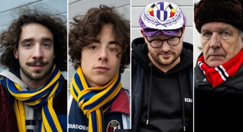 De BRUZZ-voetbalcolumnisten: Kevin Ruelens en Felix Demeester (Union Saint-Gilloise), Reinout Vander Hulst (RSC Anderlecht) en Guy Dermul (RWDM)