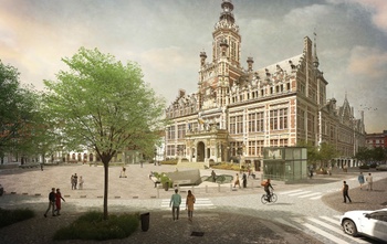 Het Collignonplein en gemeentehuis Schaarbeek met het toekomstige station voor metro 3 (simulatiebeeld)