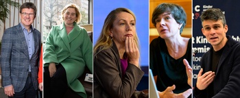 Lijsttrekkers Brusselse beleidspartijen voor de regionale verkiezingen van 9 juni 2024: Sven Gatz (Open VLD), Elke Van den BRandt (Groen), Ans Persoons (Vooruit), Cieltje Van Achter (N-VA) en Benjamin Dalle (CD&V)