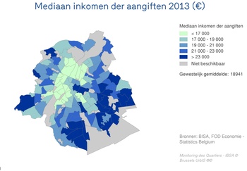 Een kaart van het mediaan inkomen per wijk. ©Wijkmonitoring (BISA) Brussels UrbIS®©.