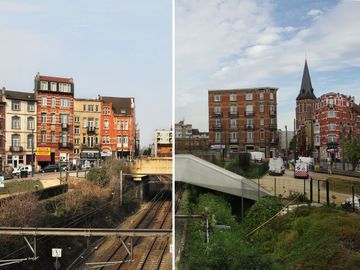 Het Verboekhovenplein (De Berenkuil) in Schaarbeek in 2013 en 2022.