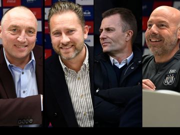 Wouter Vandenhaute (voorzitter), Jesper Fredberg (CEO Sports), Kenneth Bornauw (CEO non-Sports) en Brian Riemer (hoodcoach) van voetbalclub RSC Anderlecht