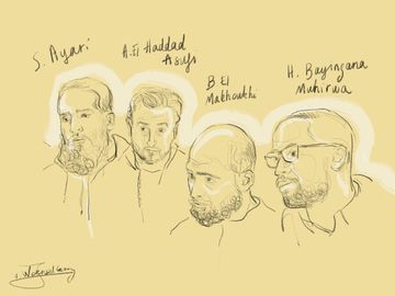 Begin februari 2023: beschuldigden Sofien Ayari, Ali El Haddad Asufi, Bilal El Makhoukhi en Herve Bayingana Muhirwa op het assisenproces van de aanslagen van 22 maart 2016 in Brussels Airport en metrostation Maalbeek