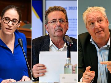 Nicole de Moor, staatssecretaris voor Asiel en Migratie (CD&V), Rudi Vervoort, minister-president van het Brussels Gewest (PS), en Jan Spooren, gouverneur van de provincie Vlaams-Brabant (N-VA)