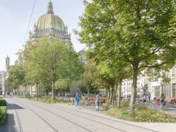 De heraanleg van de Lambermontlaan en het Koninginneplein in Schaarbeek zal in 2024 beginnen. Dit simulatiebeeld toont het er nadien zou moeten uitzien