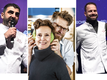 Brusselse restaurants met Michelinesterren in 2023: Karen Torosyan (Bozar), Nicolas Decloedt en Caroline Baerten (Humus x Hortense), Grégoire Gillard (Barge)