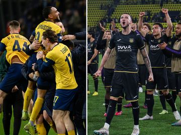 16 maart 2023: Loïc Lapoussin viert met Union Saint-Gilloise na de winst tegen Union Berlin in de 1/16de finale van de UEFA Europa League, Zeno Debast met RSC Anderlecht na de winst tegen Villarreal in de 1/16de finale van de UEFA Europa Conference