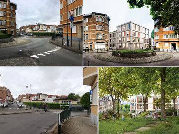 Bouw van de nieuwe school Droomboom in de Laneaustraat in Laken. Links: de huidige situatie uit het dossier van de bouwaanvraag en rechts simulatiebeelden van hoe het er na de werken moet uitzien