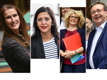 De kopstukken van de Franstalige partijen in Brussel: Sophie Wilmes (MR), Zakia Khattabi (Ecolo), Françoise De Smedt (PTB) en Rudi Vervoort (PS)