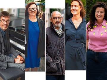 Professoren Brussels Hoger Onderwijs: Jan Michiels (conservatorium), Ann Verreth (Odisee Hogeschool), Michel Maus (VUB), Cind Du Bois (Militaire School) en Ann Dooms (VUB).