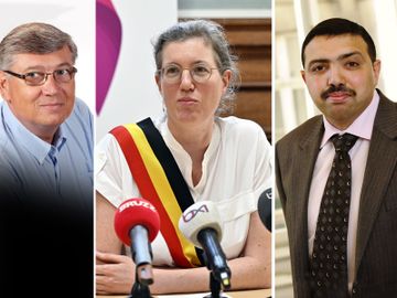 Molenbeeks burgemeester Catherine Moureaux, geflankeerd door gemeenteraadsleden Michel Eylenbosch (links) en Ahmed El Khanouss (rechts)