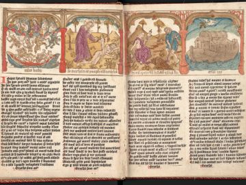 Een selectie van de allervroegst gedrukte boeken in ons land, te zien in de Koninklijke Bibliotheek van Brussel: Speculum humanae salvationis, Nederlanden ca.1466-67