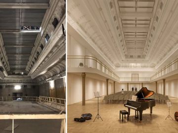 De Elizabethzaal, tussen Hoogstraat 85 en Blaesstraat vandaag (links), voor de beoogde renovatie (simulatiebeeld rechts)