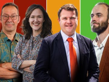 Bruno Bauwens (PVDA), Hannelore Goeman (Vooruit), Joris Poschet (CD&V) en Bart Dhondt (Groen)