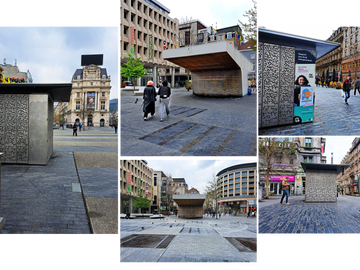 17 april 2023: de leedstaandeJob Yourself-kiosken op het de Brouckèreplein, het Muntplein en de Anspachlaan