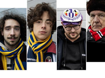 De BRUZZ-voetbalcolumnisten: Kevin Ruelens en Felix Demeester (Union Saint-Gilloise), Reinout Vander Hulst (RSC Anderlecht) en Guy Dermul (RWDM)