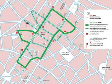 Het parcours van de Zinneke Parade 2016 situeert zich rond de Beurs en de voetgangerszone. © Zinneke Parade