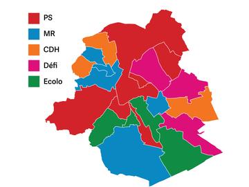 De 19 Brusselse gemeenten volgens politieke kleur van de burgemeester