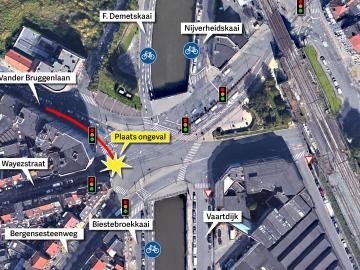 Plaats dodelijk ongeval fietser en vrachtwagen hoek Wayezstraat en Bergensesteenweg