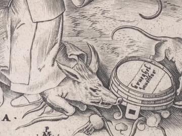 fragment uit een authentieke prent van Bruegel, Gula, waarop een varken is te zien