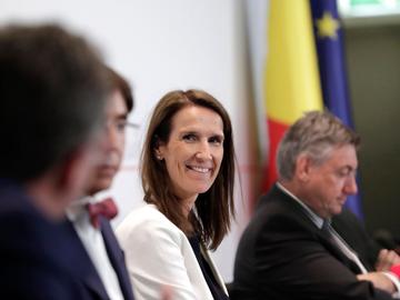 Eerste Minister Sophie Wilmès (MR) op de persconferentie na de Nationale Veiligheidsraad van 3 juni 2020