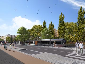 Simulatiebeeld van de heraangelegde De Smet de Naeyerlaan, met tram, fietspad en meer groen