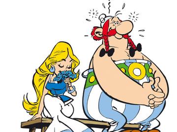 Een tekening van stripfiguren Walhalla en Obelix, die samen op een bankje zitten