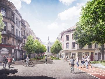 Simulatiebeeld van de als woonerf heraangelegde Jules Bouillonstraat in Elsene