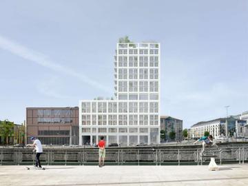 Simulatiebeeld van het gebouw gezien vanaf de Brusselse kanaaloever