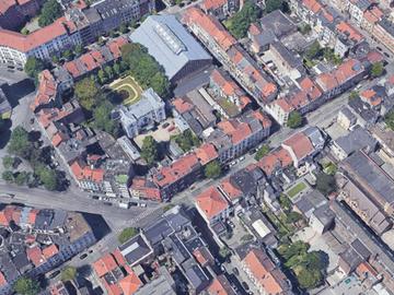 Een luchtfoto van de omgeving van de Haachtsesteenweg tussen de tramhaltes Sint-Maria en Robiano