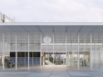 Een simulatiebeeld van het nieuwe treinstation van Etterbeek, met een helder, wit stationsgebouw