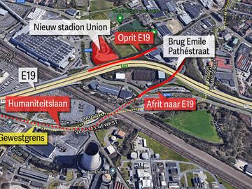 Bemptsite Vorst: hier komt wellicht het nieuwe stadion van Union Saint-Gilloise, met aan te passen oprit en bestaande afrit naar de E19