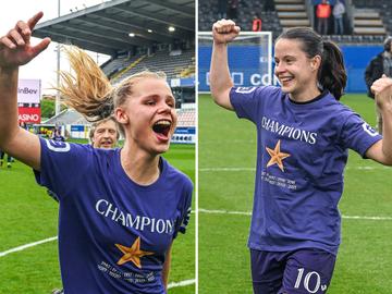 Lore Jacobs en Stefania Vatafu van RSCA Women bij het behalen van de kampioenstite tegen OH Leuven op 29 april 2023