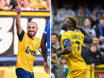 Teddy Teuma en Victor Boniface van Royale Union Saint-Gilloise, beiden genomineerd als profvoetballer van het jaar in de Belgische voetbalcompetitie.