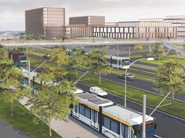 Simulatiebeeld van de geplande tramlijn op de Bourgetlaan van de NAVO-rotonde tot de grens met Vlaanderen. Bedoeling is dat de tramlijn uiteindelijk tot de luchthaven wordt aangelegd