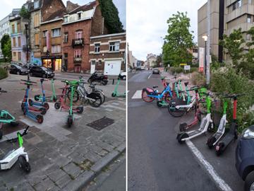 Hoewel dat in Elsene enkel mag in officiële dropzones, zie je toch nog overal achteloos achtergelaten deelsteps. Links: aan de Auguste Rodinlaan. Rechts: ter hoogte van het ziekenhuis in Elsene.