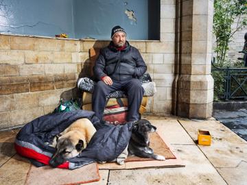 Botik (links) en Lola, honden van vzw Straatverplegers beschermen de dakloze Nicula en zorgen voor contact met voorbijgangers