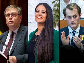 Gaetan Van Goidsenhoven (MR) en Nadia Kammachi (Ecolo-Groen) en Gilles Verstraeten (N-VA.)