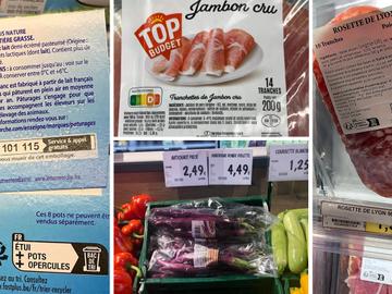 Eéntalig Franse etiketten van voedingsproducten in supermarktketen Intermarché