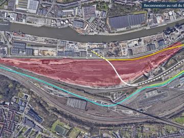 Nieuwe spoorwegverbinding (aangegeven in het wit) met Haven van Brussel