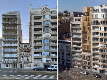 Louizalaan 455 huidige situatie (links) en simulatie met bovenbouw (rechts)