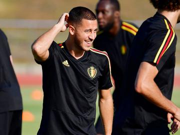 Eden Hazard tijdens training met de Rode Duivels voor de wedstrijd tegen Japan op het WK2018 in Rusland