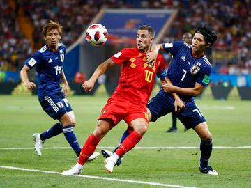 Eden Hazard in de wedstrijd van de Rode Duivels tegen Japan in de achtste finales op het WK2018