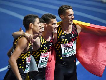 Belgian Tornados Jonathan Borlée, Kevin Borlée, Dylan Borlée en Jonathan Sacoor worden Europees kampioen op de 4x400 meter estafette op het EK atletiek Berlijn 2018
