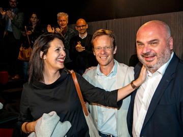 Zakia Khattabi, Patrick Dupriez en Christos Doulkeridis na het partijbureau van Ecolo de dag na de verkiezingen van 14 oktober 2018